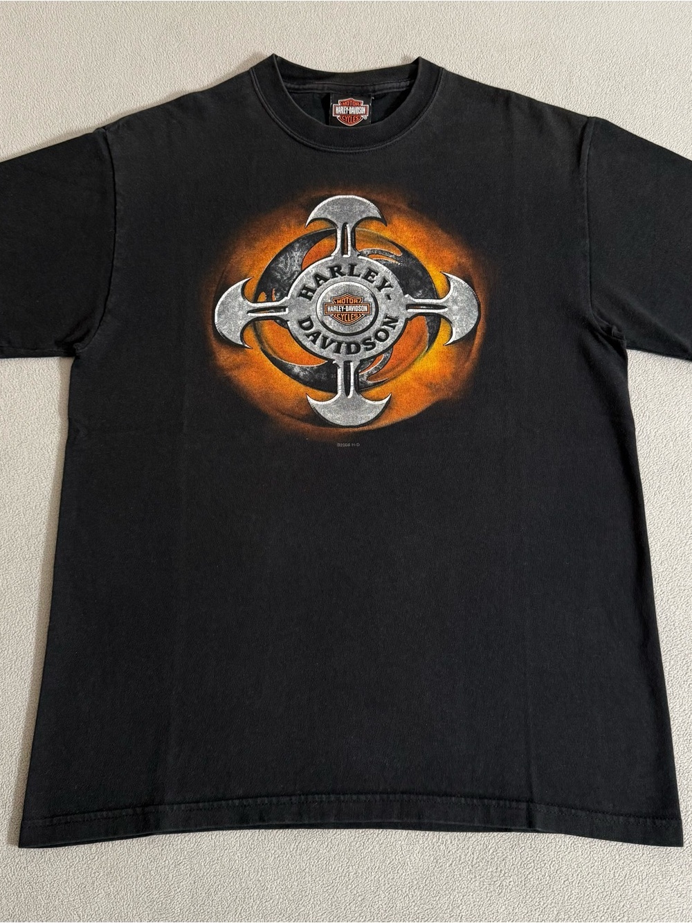 Vintage Harley Davidson Flame Silver Cross T-shirt Size M Biker Streetwear Y2K